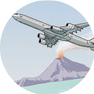 Ein Flugzeug, das über einen Vulkan fliegt, aus dem Rauch aufsteigt, vor einem klaren Himmel.