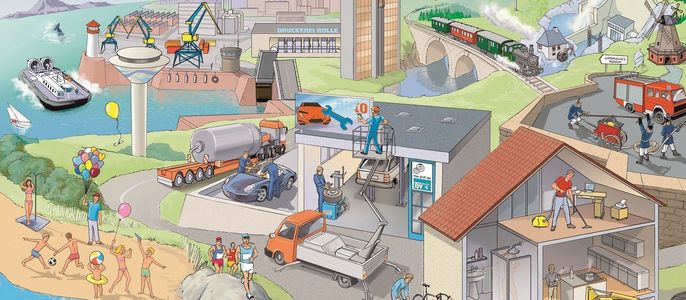 Verschiedene Szenen von Menschen und Fahrzeugen, die verschiedenen Tätigkeiten nachgehen, wie z. B. Bootfahren, Bauarbeiten und Transport, vor dem Hintergrund einer Stadt und natürlicher Landschaften.