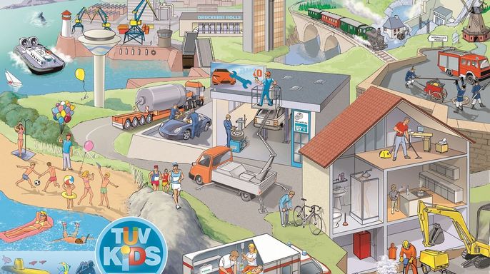 Verschiedene Szenen von Menschen und Fahrzeugen, die verschiedenen Tätigkeiten nachgehen, wie z. B. Bootfahren, Bauarbeiten und Transport, vor dem Hintergrund einer Stadt und natürlicher Landschaften.