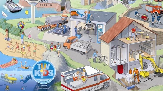 Verschiedene Szenen von Menschen und Fahrzeugen bei unterschiedlichen Aktivitäten, wie z. B. Bootsfahrten, Bauarbeiten und Transport, wobei der Schwerpunkt auf wasserbezogenen Aktivitäten liegt.