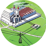 Eine Industrieanlage mit einem großen Gebäude, zwei Schornsteinen und einer Stromleitung, die durch eine grüne Wiese verläuft.