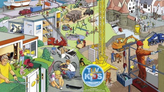 Eine lebendige Szene einer Stadt mit verschiedenen Aktivitäten, darunter Menschen bei der Arbeit, spielende Kinder und Fahrzeuge auf der Straße.