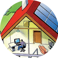 Ein Haus mit Sonnenkollektoren auf dem Dach, eine Person, die an einem Schreibtisch arbeitet, und ein Fernseher im Wohnzimmer.