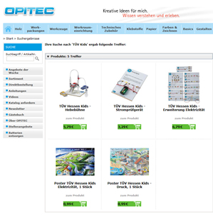 Eine Webseite von "Opitec", einem Online-Shop, der verschiedene Produkte rund um das Lernen und die Unterhaltung von Kindern präsentiert.