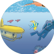 Eine Person, die in klarem blauen Wasser schwimmt, ein gelbes U-Boot, ein Taucher in blauer Ausrüstung und verschiedene bunte Fische, die umherschwimmen.