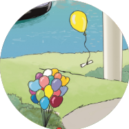 Viele Luftballons, von denen einer, mit einem Zettel dran, wegfliegt.
