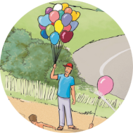 Ein Mann hält ein Bündel bunter Luftballons in der Hand, während ein Kind Wasser aus einem Schlauch auf eine Gruppe von Menschen spritzt, die am Strand spielen.