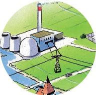 Eine Fabrik mit einem hohen Schornstein, drei zylindrischen Strukturen und einem daneben verlaufenden Fluss.