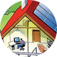 Ein Haus mit Sonnenkollektoren auf dem Dach, eine Person, die an einem Schreibtisch arbeitet, und ein Fernseher im Wohnzimmer.