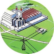 Eine Industrieanlage mit einem großen Gebäude, zwei Schornsteinen und einer Stromleitung, die durch eine grüne Wiese verläuft.
