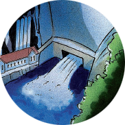 Ein Wasserfall, der einen Damm hinunterstürzt, mit einem Gebäude in der Nähe seines Fußes.